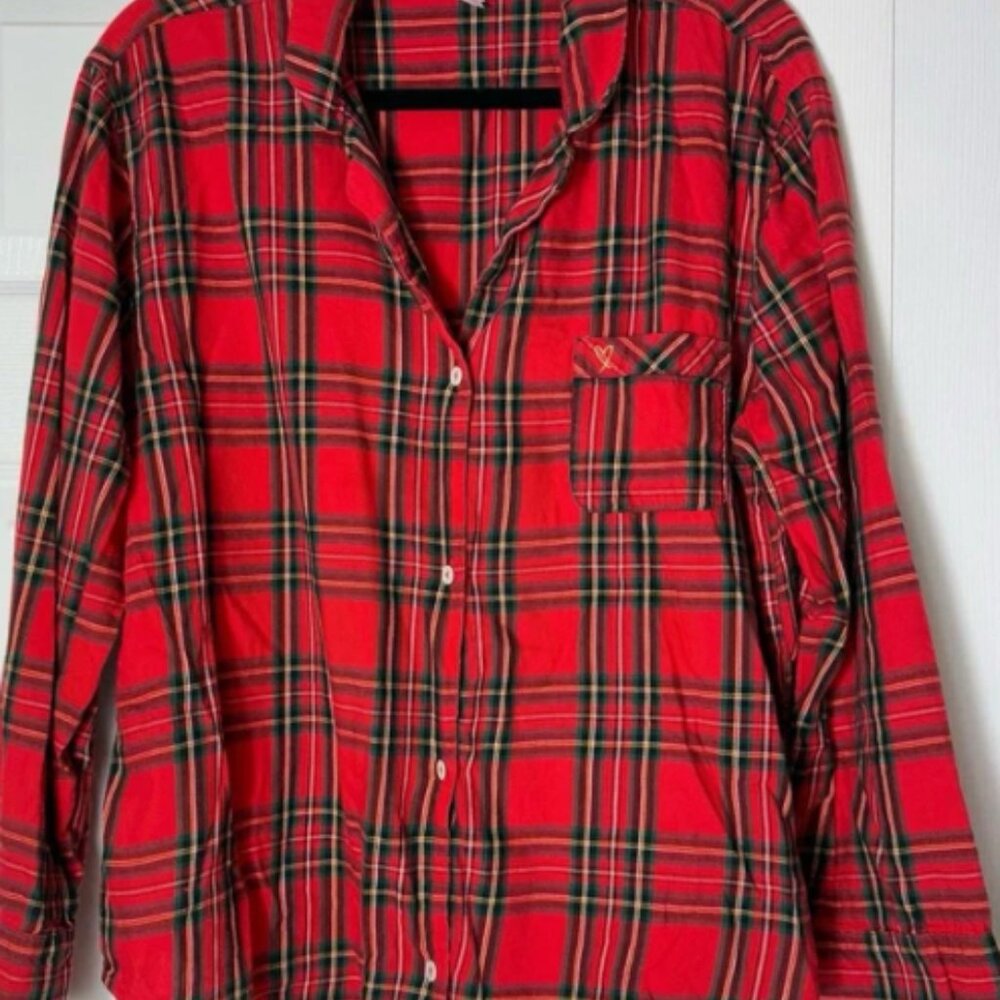 Victoria's Secret Red Holiday Tartan Plaid Long Sleeve Pajama PJ Top Size Large